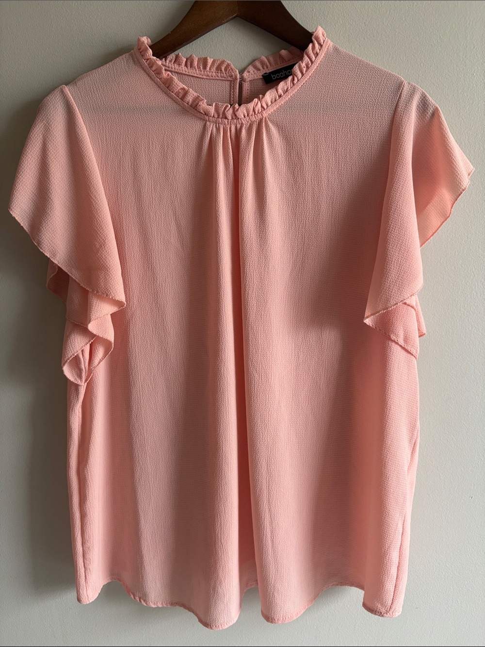 Boohoo Blush Pink Ruffle Flutter Sleeve Textured Blouse Women’s XL